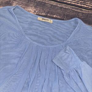 Timeson Blouse Blue Sheer Long Sleeve Large Pleated Banded Bottom Business